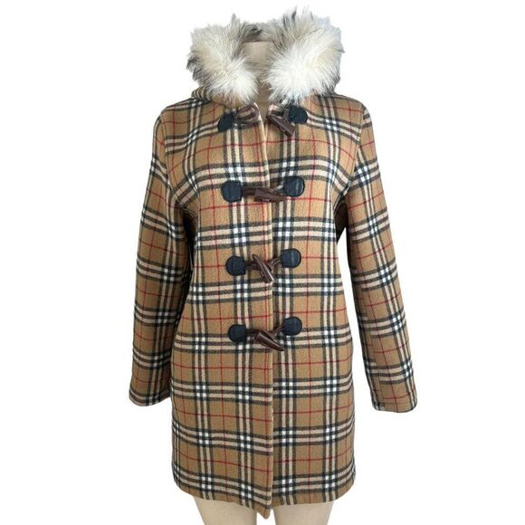 Authentic Vintage BURBERRY Beige Nova Check Wool Hooded Peacoat Size L - Picture 6 of 16